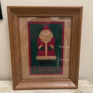 Vintage Handcrafted Santa Needlepoint Art
